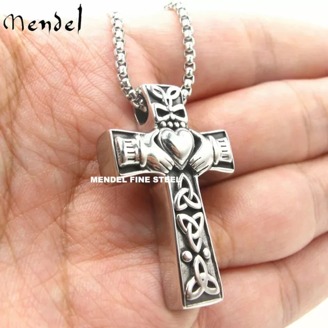 MENDEL Stainless Steel Irish Celtic Trinity Knot Claddagh Cross Pendant Necklace