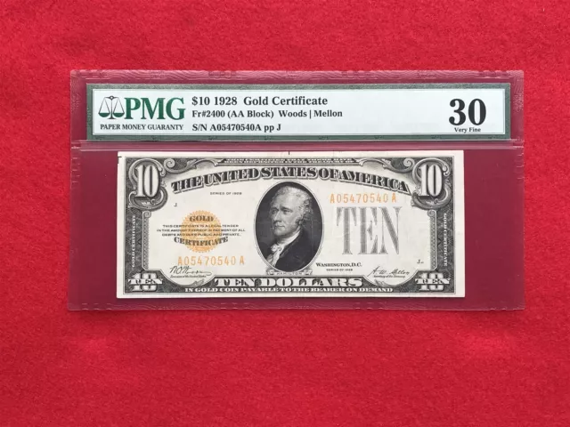 FR-2400 1928 Series $10 Ten Dollar Gold Certificate *PMG 30 Very Fine*