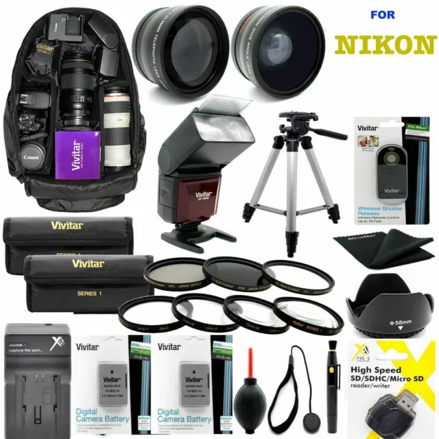 Nikon D3100 DSLR CAMERA FULL 52MM HD ACCESSORY KIT LENSES FLASH BACKPACK TRIPOD