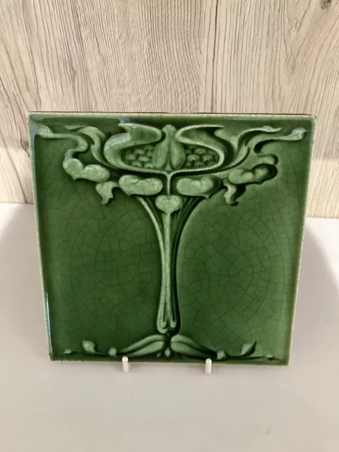 Antique Art Nouveau Majolica Glazed 6" Floral Tile