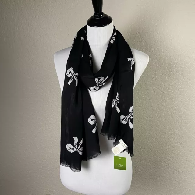 Kate Spade Bow Print Ribbon Black White Oblong Scarf NWT