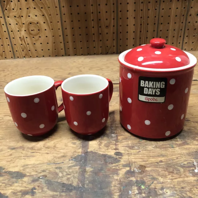 Spode Baking Days Red with White Polka Dots Canister & Two Coffee Cups