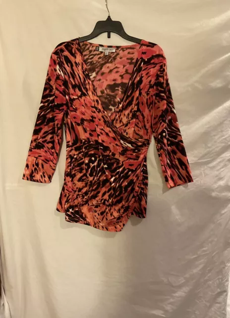 Women’s Med Jennifer Lopez Faux-Wrap Coral Animal Print Blouse  3/4 Sleeve