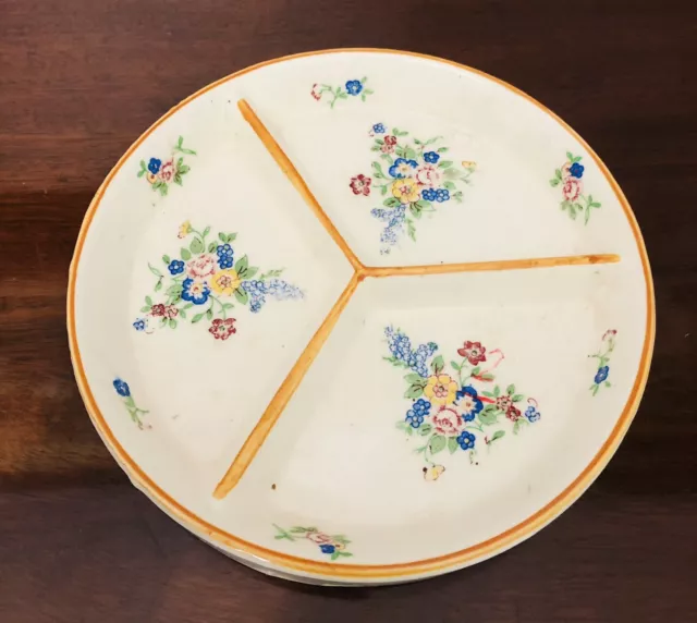 Vintage Child’s Divided Ceramic Plate Oriental Japan Majolica FLORAL CRAZING