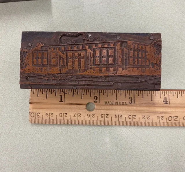 Vintage Letterpress Printing Block Copper On Wood, Large Building, School?