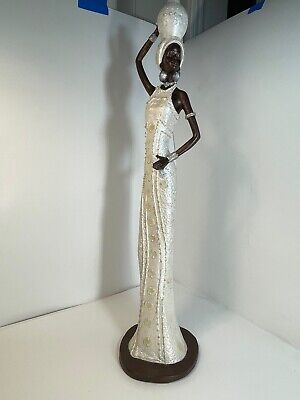 Large 25" Tall Ethnic African Woman Lady White Dress Carrying Pot on Head Statue