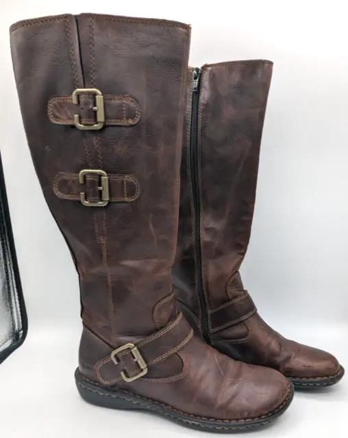 BOC Virginia Women's Brown Leather Side Zip Tall Riding Buckle Boots Size 7