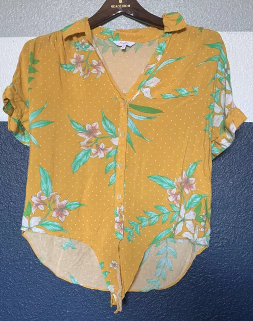 Candies Medium Floral Button Down Blouse  Yellow Pink Flowers Shirt M