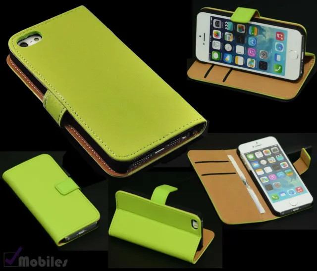 Genuine Real Leather Ultra Slim Flip Cover Case for iPhone Models - GREEN
