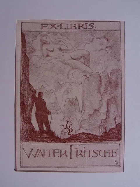 Erotisches Exlibris für Walter Fritsche. Motiv: Herr in die Wolken blickend, in