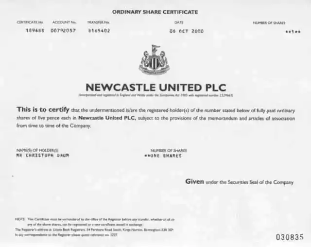 Newcastle United PLC Birmingham Fussball Christoph Daum 1 Share Oktober 2000