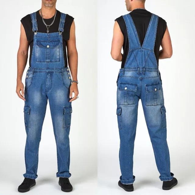 Hommes Bib And Brace Salopette Pantalon Jeans Travail Combinaison Poches