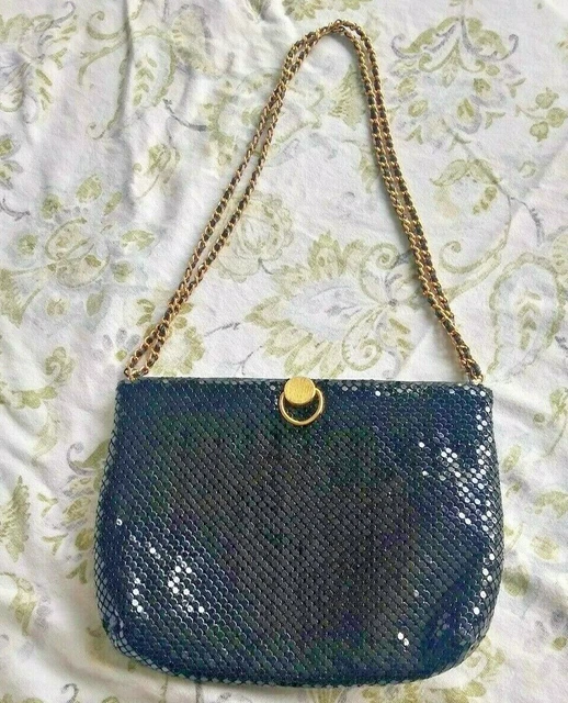 Vintage Bueno Black Mesh Evening Bag Gold Tone Draw Chain & Ring Hold Crossbody