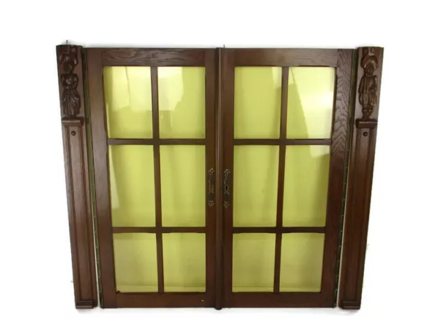 pair Vintage Carved Wood Door Panels Reclaimed Architectural Colored glass Side