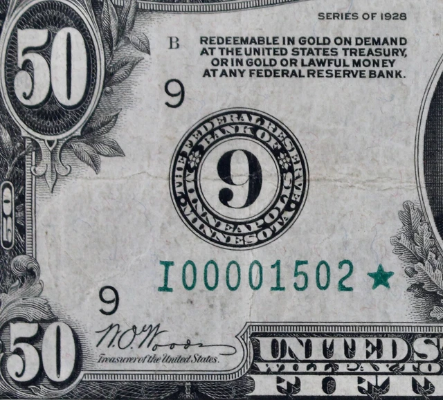 RARE $50 1928 Star FRN I00001502* plain series, fifty dollar, Minneapolis I9