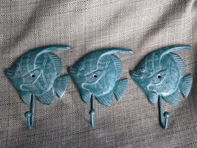3 Cast Iron Nautical Fish Blue Tropical Wall Hook Coat Key towel Shabby