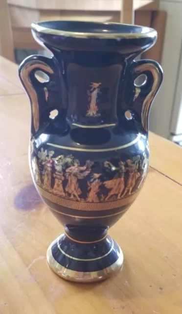 Vintage Black Handmade Greek Vase Adorned In 24K Gold Paint With A Greek Motif