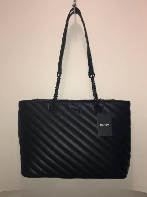 NEW $268 DKNY Quilted BLACK Chain DBL SHOULDER Staps VERONICA TOTE Bag Chevron