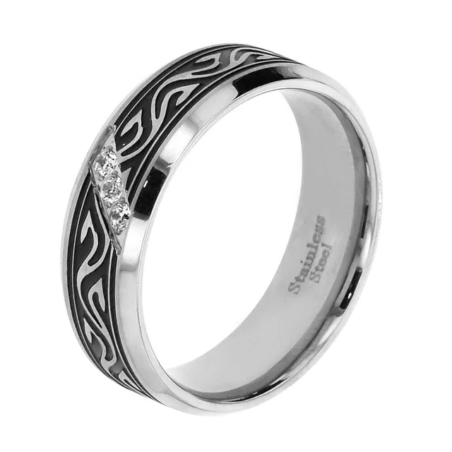 Black Stainless Steel Celtic Three Stone Round CZ Men's Wedding Ring