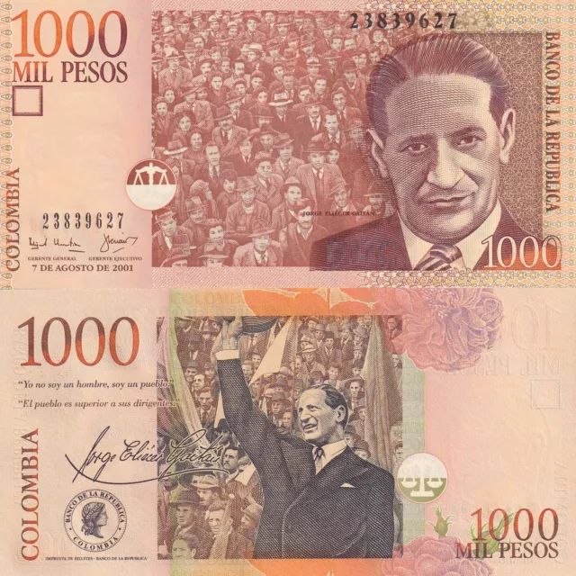 COLOMBIA 1000 PESOS 2001 P 450 a UNC LOT 5 PCS 2