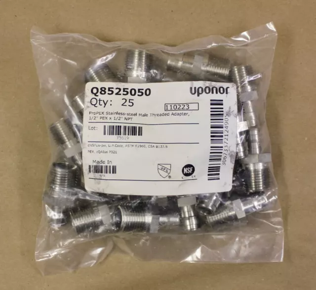 25 Uponor Q8525050 ProPEX Stainless Steel Threaded Adapter 1/2" Pex X 1/2" MNPT
