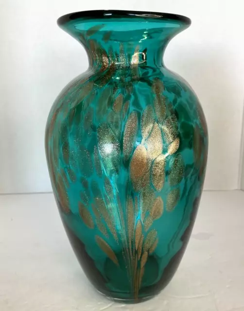 Teal Art Glass Vase with Gold Flakes Hand Blown 10" Tall Gorgeous! Top167