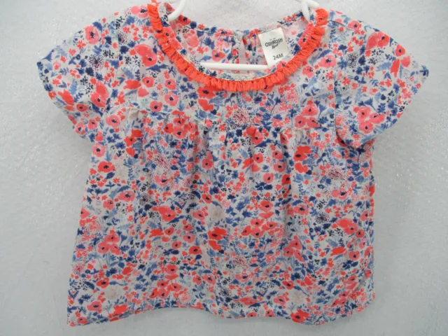 Osh Kosh Baby Girl Shirt 24 Month Pink Floral Blue Fringe Short Sleeve B'Gosh