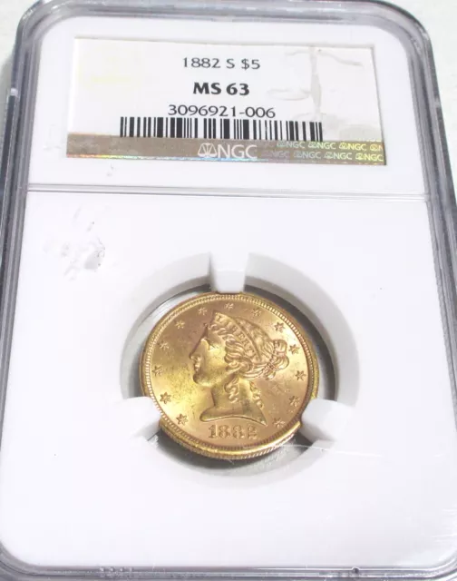 1882-S $5 Gold Five Dollar Half Eagle Ngc Ms63 Rare Us Gold Coin.