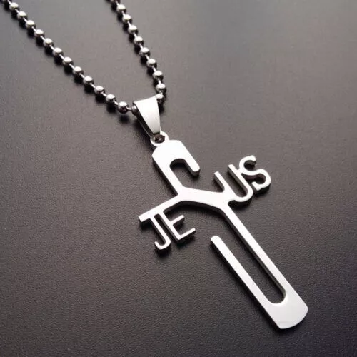 Jesus Name Cross Pendant Womens Mens Stainless Steel Necklace Christian C Silver