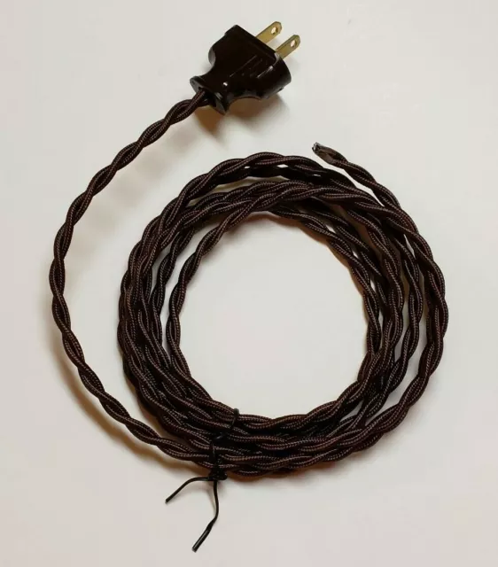 8' Brown Twisted Cloth Covered Wire & Plug, Vintage Style Lamp Cord, rayon 402J