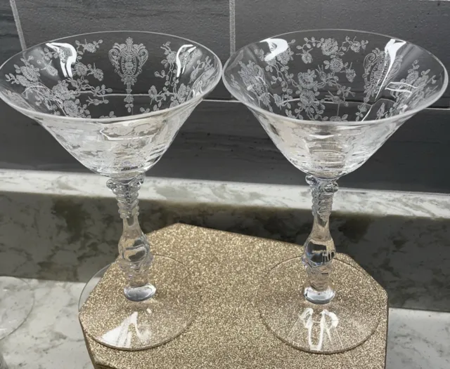 Cambridge Rose Point Etched Sherbet Martini Champagne Elegant Crystal (2) Set