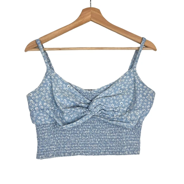 American Eagle Smocked Crop Top Sz L Ditsy Floral Blue Sleeveless Round Neck