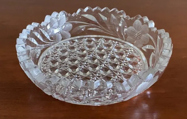 American Brilliant ABP Nappy Bowl Cut Glass Floral Design Sawtooth Rim 6 In Vtg
