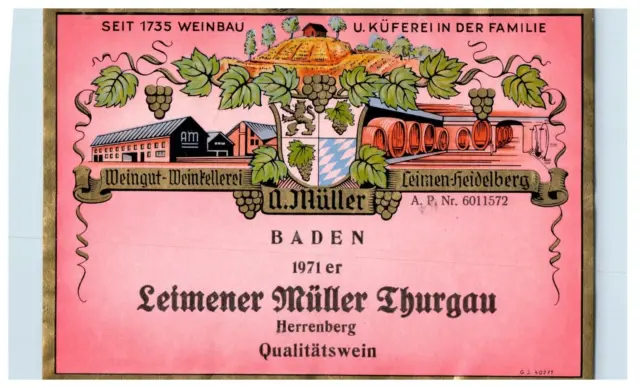 1970's-80's Leimener Muller Thurgau Baden German Wine Label Original S30E