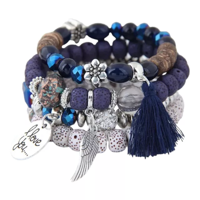 Blue Beaded Layered Bracelet I Love You Boho Feather Silver Tone Charm Stretch