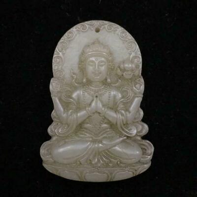 2" Chinese Natural handcarved old antique hetian jade Four arm Guanyin Pendant