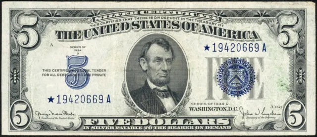 1934 D STAR $5 Five Dollar Silver Certificate Note Fr#1654*