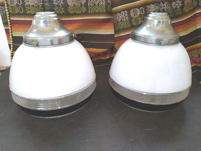 Vintage  16" Glass and Stainless Industrial White Light Globe 9" x 8" Set of 2