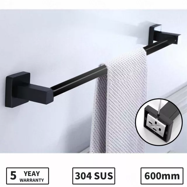 Matt Black Single Towel Rack Rail Holder Wall 304 Stainless Steel 600mm Bathroom