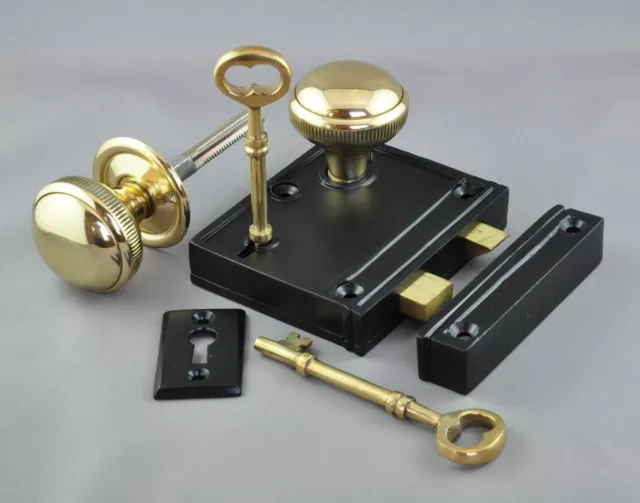 RIM LOCK-VICTORIAN STYLE-"French Door" INCLUDES KNOB SET-NEW-small box rebated