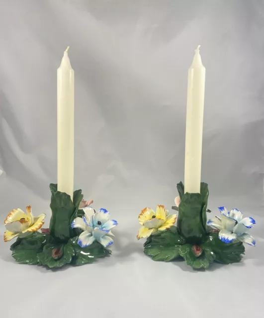 Nuova Capodimonte Set of 2 Roses Candle Sticks Italy Yellow Pink Blue Spring
