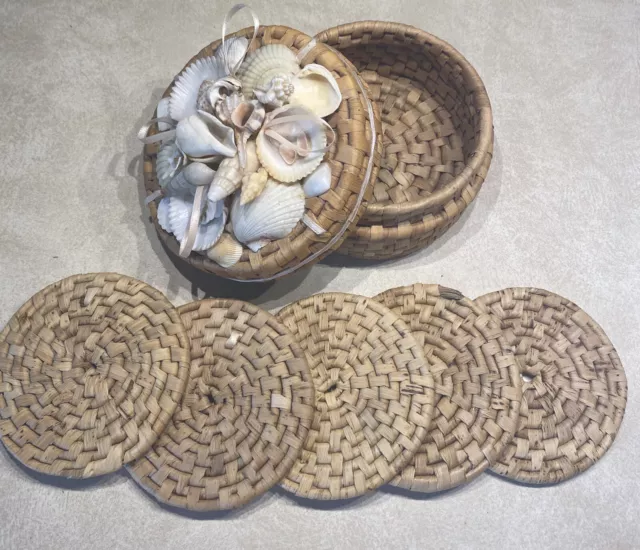 Vintage Hand Woven Sweet grass Rattan Basket Adorned W/ Shell 5 Costars Set Boho