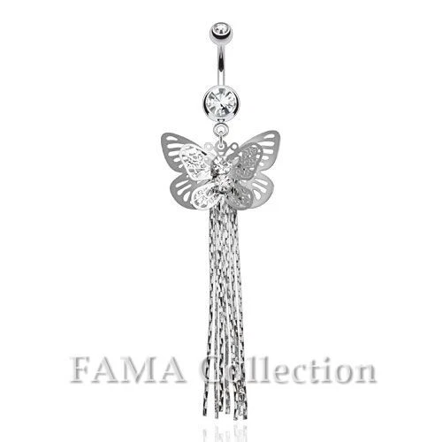 FAMA Layered Butterfly with Gems and Chains Dangle Navel Belly Ring 2