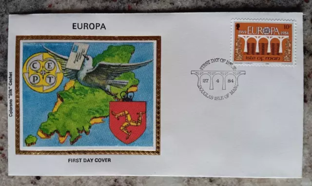 Isle Of Man Europa Dove Carrying Letter Over Island 1984 Colorano Silk Cacht Fdc