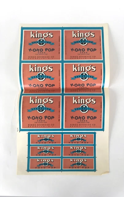 King's KOKO POP soda 30s 40s UNCUT label sheet BROOKLYN•