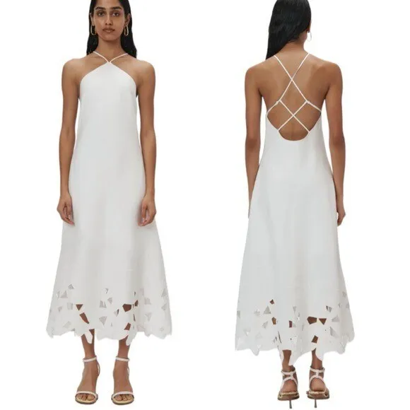 NWT Jonathan Simkhai Simone Linen Cutwork Midi Dress White Size 12 Retail $595