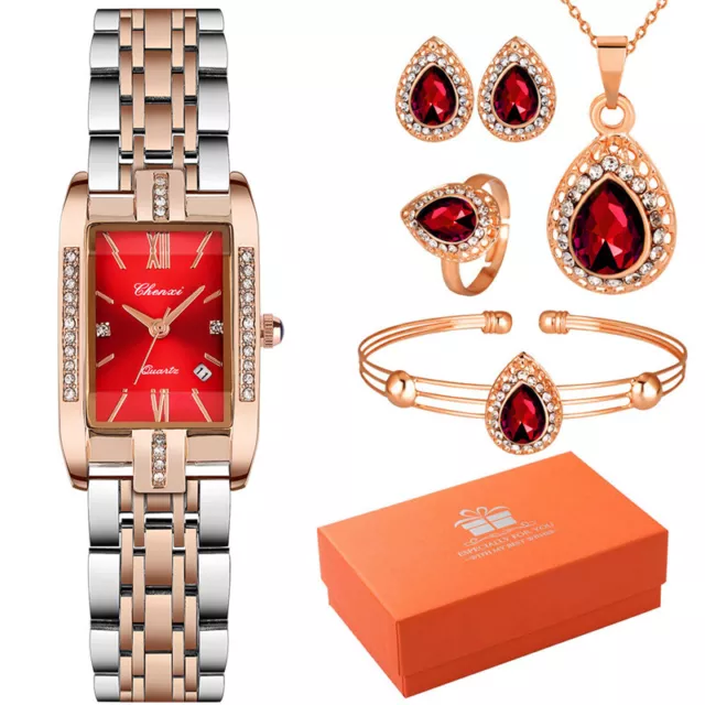 Women's Bracelet Quartz Watch with Necklace Ring Earrings Jewelry Gift Set Box