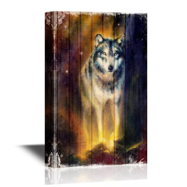 wall26 - Wolf Canvas Wall Art - Wolf on Wooden Style Background - 12x18 inches