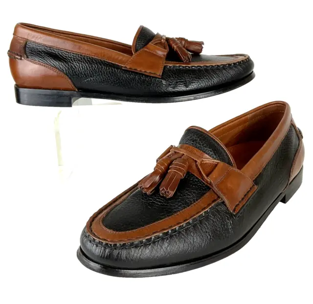 Florsheim Men Shoes Sz 11D Loafer Tassels Leather Black Pebble-Grain Brown Trim