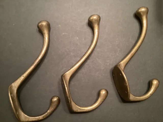 Vtg. 3 Large 4” Brass Colored Iron Double Coat/Hat Hall Tree Hooks Wall Mount